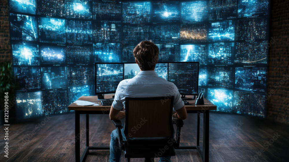 Aufkleber security guard monitoring multiple screens in control room