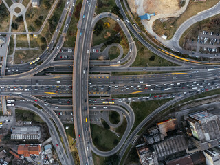Aerial drone view of a road junction at sunset Belgrade, Serbia, Europe