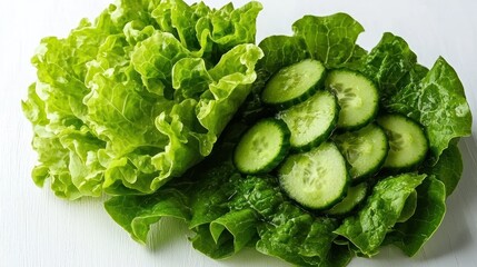 Obraz premium A fresh green salad with lettuce, cucumbers, and a light vinaigrette dressing.