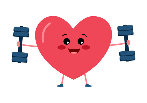 Cute heart cartoon exercise with dumbbells in flat design on white background. Strong healthy heart concept.