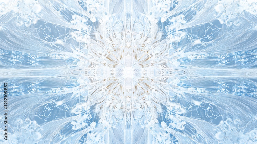 Poster abstract fractal art in blue and beige tones, symmetrical pattern with swirling design.
