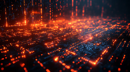 Fototapeta premium Futuristic city data stream, glowing circuits, digital landscape, night, tech background
