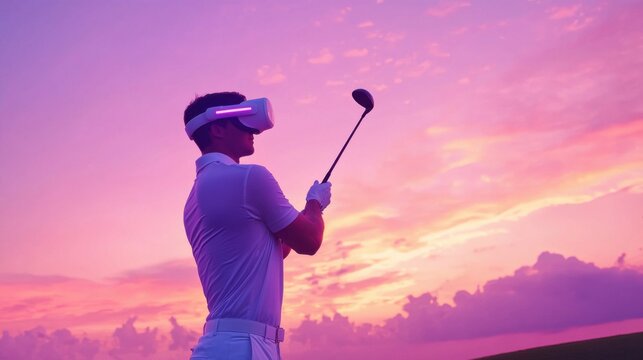 Skilled gamer wearing VR glasses while playing golf at metaverse or golf court with purple sky. Attractive golf player or athlete practicing sport skill while entering in simulated world. Ingenuity.