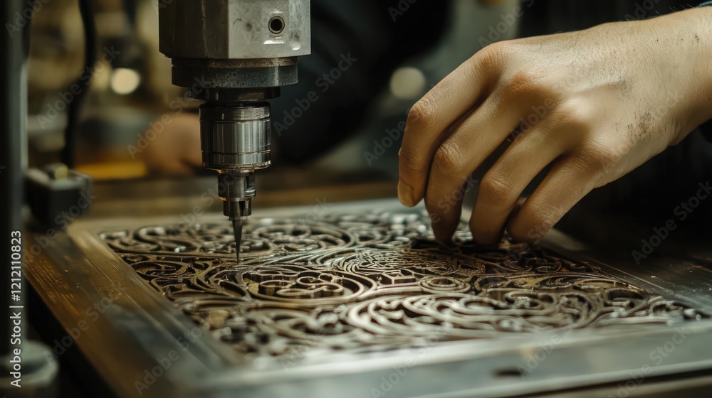 Poster a close-up view of a cnc machine carving an intricate design into metal material with a person's han
