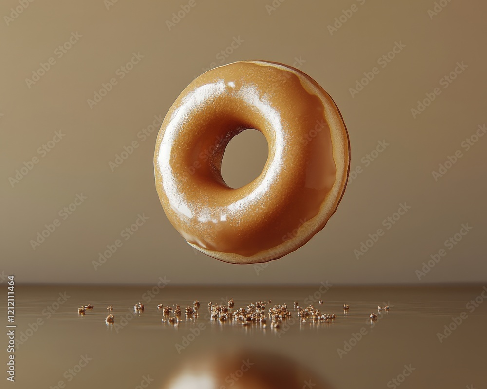 Poster a glazed donut levitates above a surface scattered with sprinkles, creating a visually appealing ima