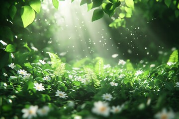 Obraz premium Sunlit Forest Floor With Delicate White Flowers And Ferns