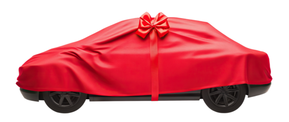 Gift-wrapped car with fabric cover and decorative bow, isolated on transparent cutout background