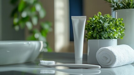 A tube of toothpaste next to a fresh, white toothbrush on clean bathroom counter, symbolizing the ease and accessibility of oral hygiene. The scene is calm and organized, focusing on the essentials