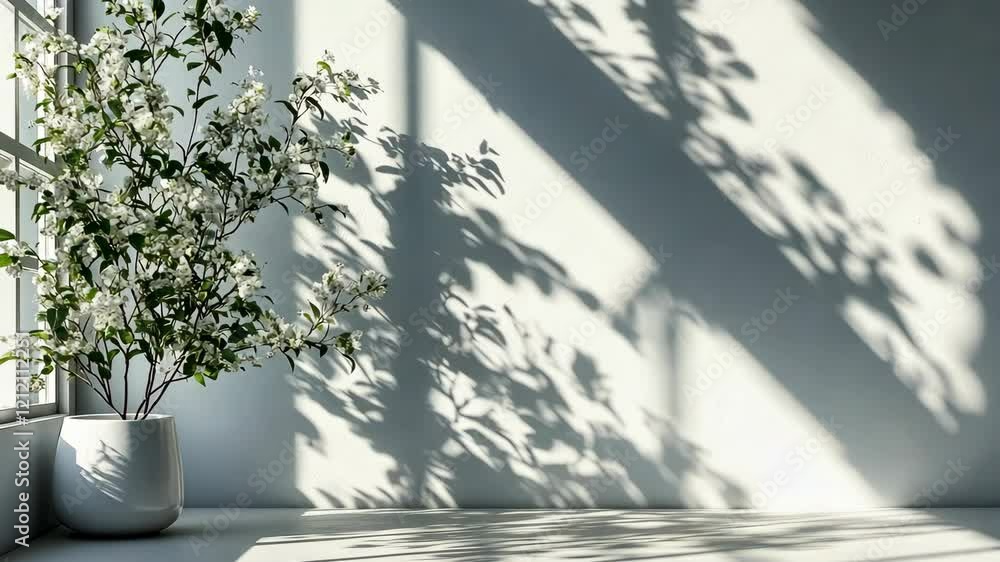 Poster small potted tree casting intricate shadows on a white wall, creating a striking black and white com