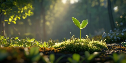 Sunrise sprout in mossy forest; nature rebirth