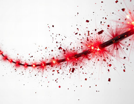 red firecracker garland is slowly exploding on a white background