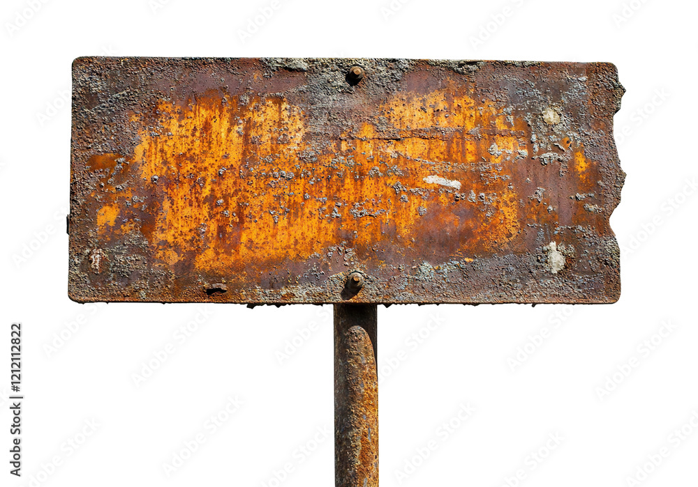Poster weathered rectangular signboard with rust and decay, isolated on transparent cutout background