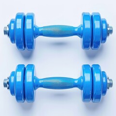 Obraz premium Two blue dumbbells arranged side by side for fitness and strength training. isolated on white background