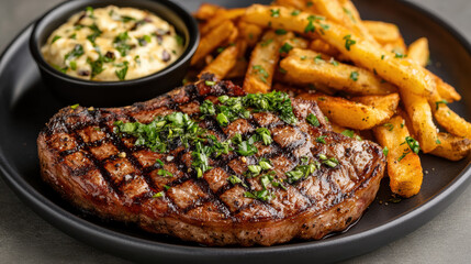 Deliciously grilled steak served with crispy fries and creamy sauce