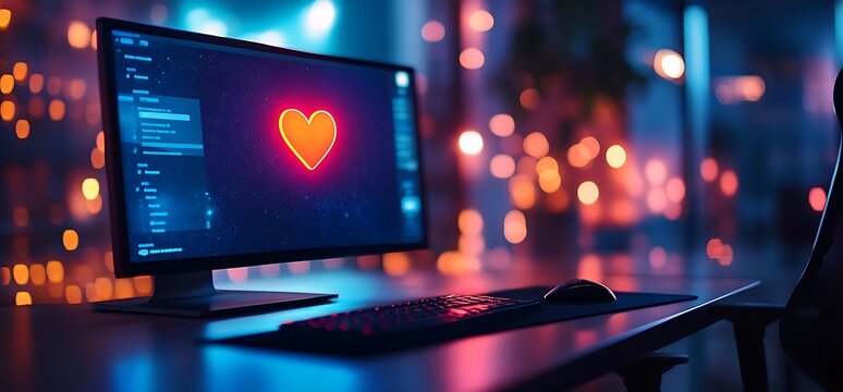 Digital heart on computer screen, night office. Social media love
