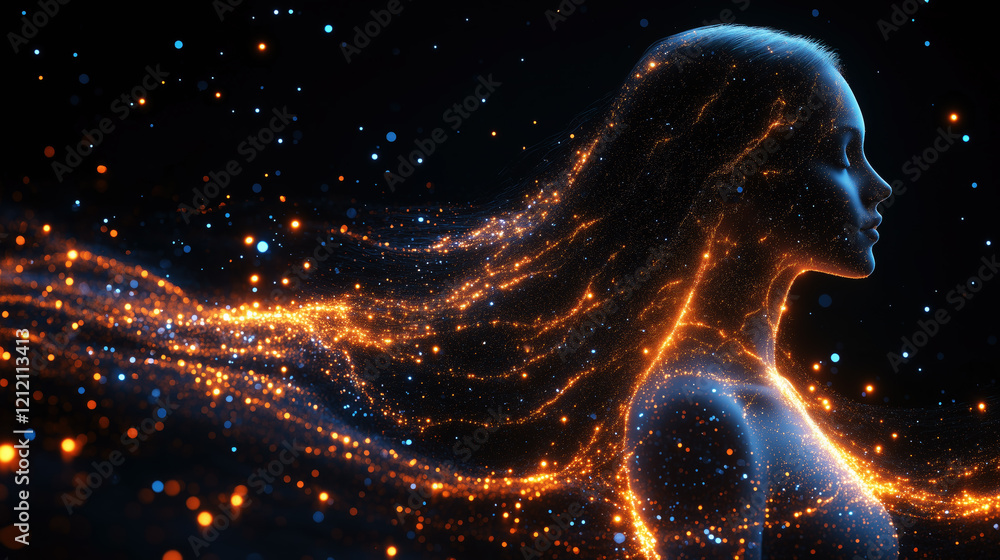 Poster futuristic woman with flowing glowing particles and dynamic light trails in a digital abstract desig