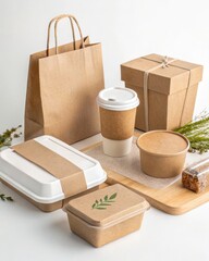 A collection of eco-friendly, brown packaging containers including bags, cups, and boxes for food and beverages on a wooden surface.