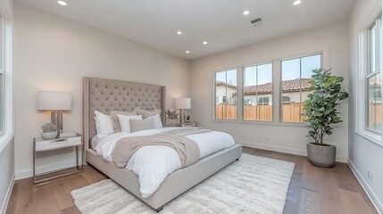 Luxurious bedroom,  modern house,  sunlit,  area rug,  California