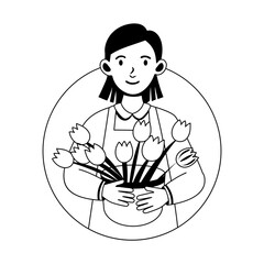 A glyph illustration of a cute woman holding flowers 