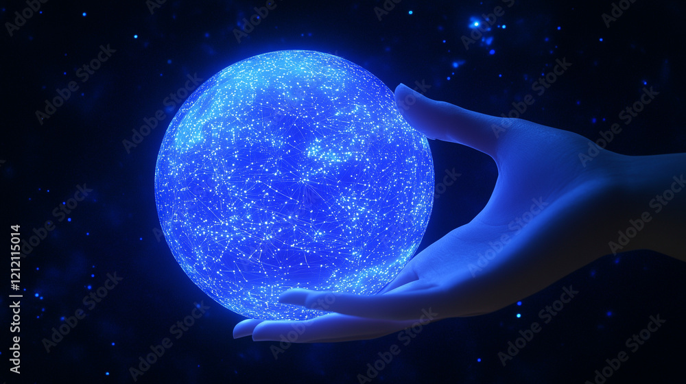 Poster a human hand reaching out to touch a holographic globe filled with interconnected data points, repre