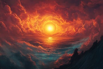 Obraz premium The sun rises from the horizon, casting a golden glow.