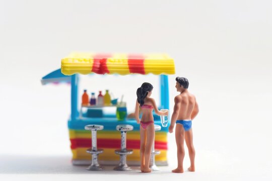 Miniature man and woman chatting at kiosk in swimwear.