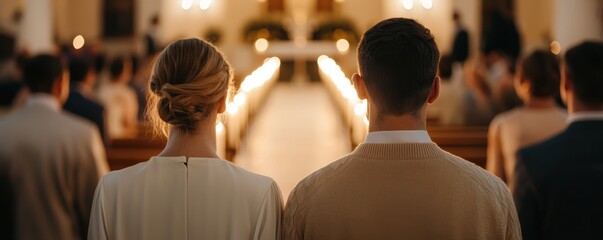 A couple renewing their vows in a candlelit church, surrounded by loved ones, symbolizing faith, love, and sacred Christian rituals