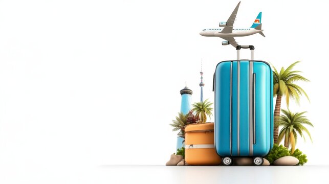 Vibrant Travel Scene with Luggage, Airplane, and Tropical Elements