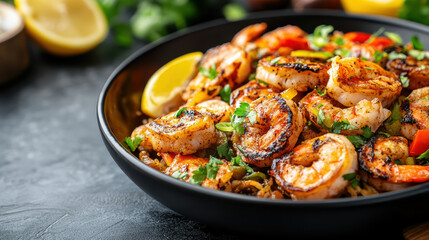 Fototapeta premium Grilled shrimp dish with vibrant vegetables and fresh herbs