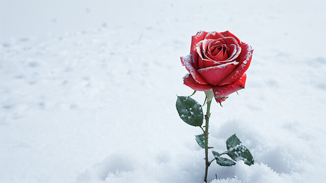red rose in snow