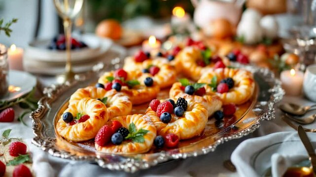 Festive Easter Brunch Table with Delicious Pastries and Fresh Berries