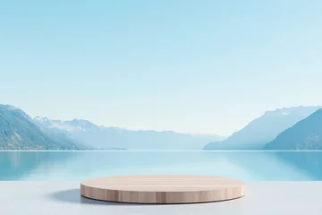 Gardinen Elegant circular podium by tranquil lake scenic landscape serene environment © menon