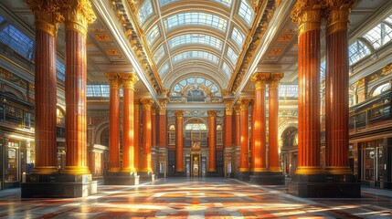 Fototapeta premium Grand Architectural Interior With Golden Columns And Skylight