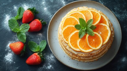 Orange cake, strawberries, mint, dark background, dessert recipe