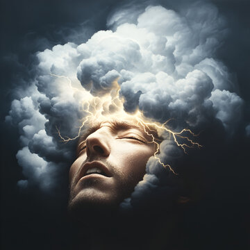 A head filled with swirling storm clouds, with lightning flashes symbolizing anxiety, slowly being replaced by rays of sunlight.


