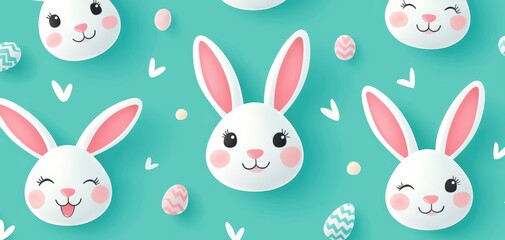 Adorable cartoon bunny faces with pink ears and various cute expressions on a pastel teal background, perfect for Easter designs