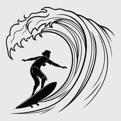 A person surfing a large wave image silhouette vector art and illustration