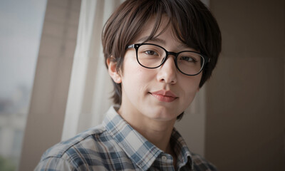 Fototapeta premium Soft-Featured Man with Black Horn-Rimmed Glasses and Checkered Shirt