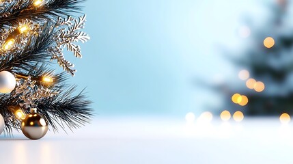 Close-up of a decorated Christmas tree with silver and gold ornaments and warm lights against a blurred background.