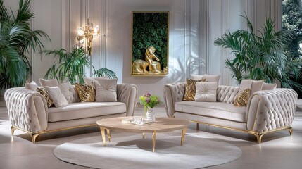 The elegant living room of a modern Scandinavian home includes a comfortable sofa, mid-century furniture, a cozy carpet, a wooden floor, white walls, and home plants