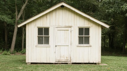 Rustic white wooden cabin in a green forest.