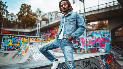 Young man showcases luxe denim style at urban skate park amid vibrant graffiti and modern architecture