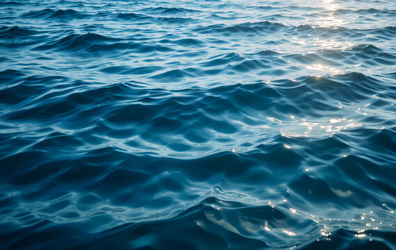 deep blue water surface with sunlight reflections, tranquil ocean waves, serene aquatic texture, close-up water photography