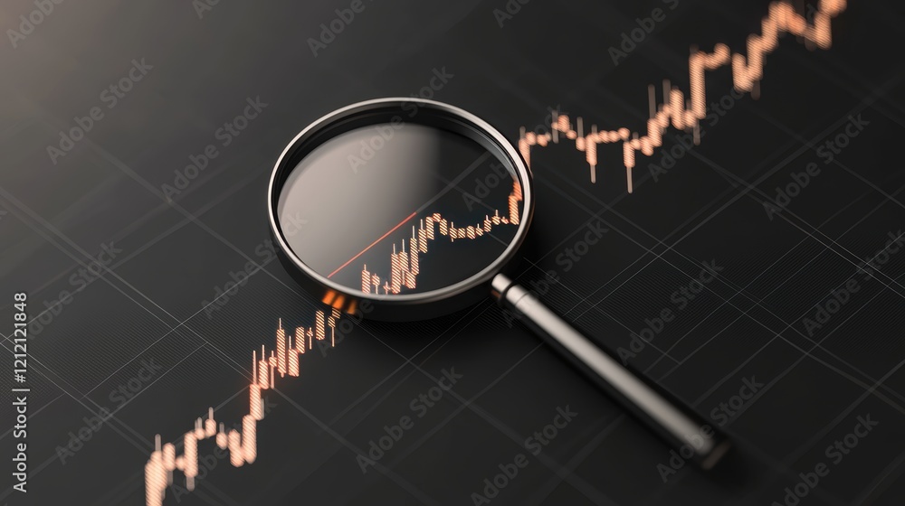 Poster minimalist representation of market analysis with a magnifier zooming in on glowing charts, placed o