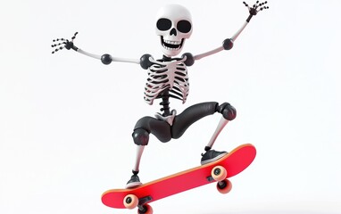 Joyful skeleton riding a skateboard, striking a cool pose, stylized 3D cartoon character on a bright white background