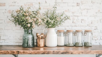 Rustic kitchen shelf, flowers, jars, white brick wall.  Home decor, blog, website