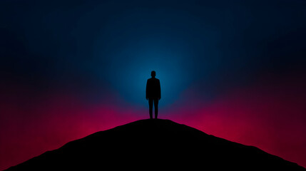 Fototapeta premium Minimal art, Silhouette of a businessman standing on the top of a hill with colorful minimal background, success and future concept