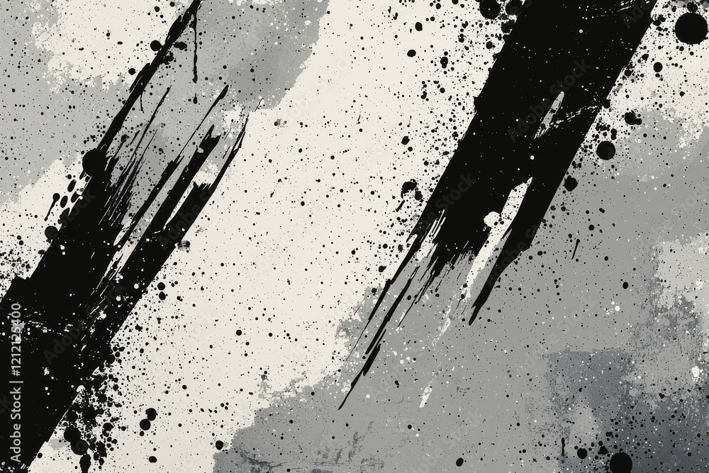 Poster bold black and white abstract grunge pattern with dynamic splatters and smudges on neutral gray back