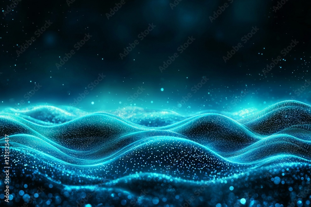 Poster dynamic particles and sound waves flow over a dark background, created through