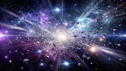 Fototapeta premium Cosmic explosion of stardust and debris in shades of black, purple, and silver, set against a dark and starry background, silverlight, astrophysics